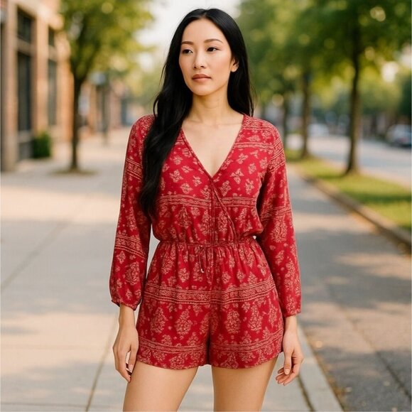 Archaic ✦ Red Paisley Romper ✦ Long Sleeve V-Neck w/ Tie Detail Boho Rebel Style - Picture 5 of 11